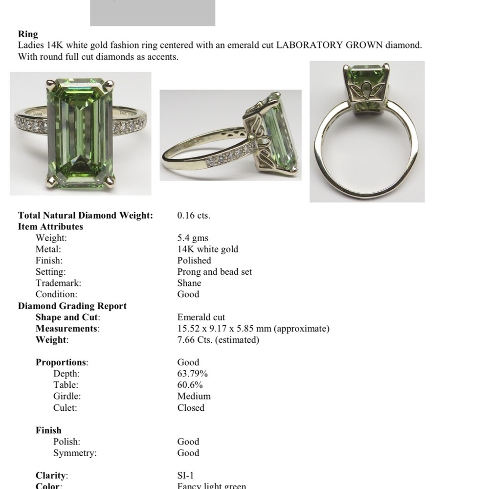 GREEN DIAMOND! 7.66ct Ring with Emerald Cut Fancy Light Green Lab Grown